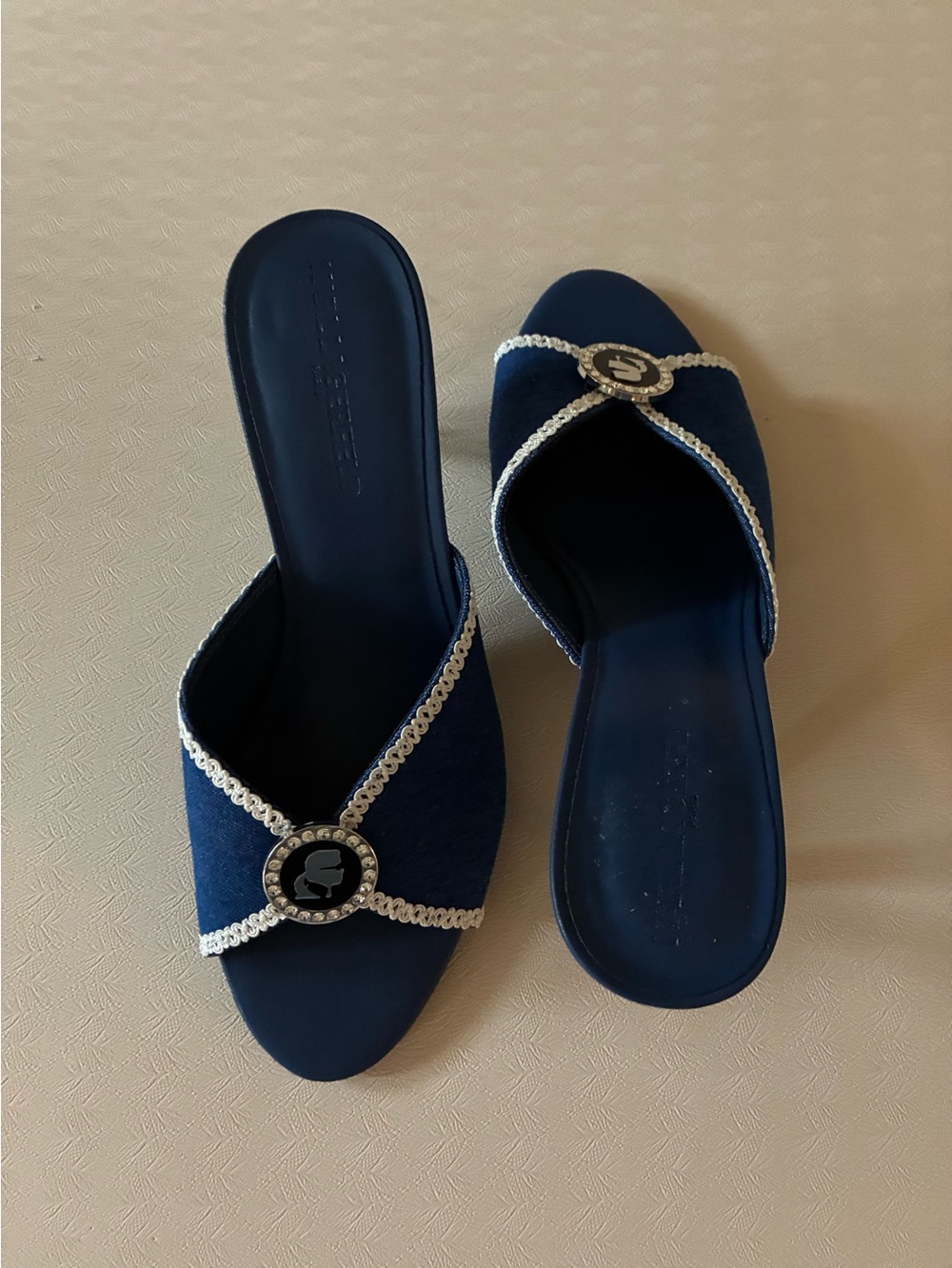 Karl Lagerfeld Paris Decklyn Denim Blue Slide Mules with Decorative medallion 7